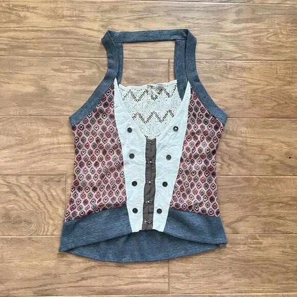 Gimmicks by BKE Pieced Vest Size M Lace Back Linen Printed Multicolor - Picture 3 of 10